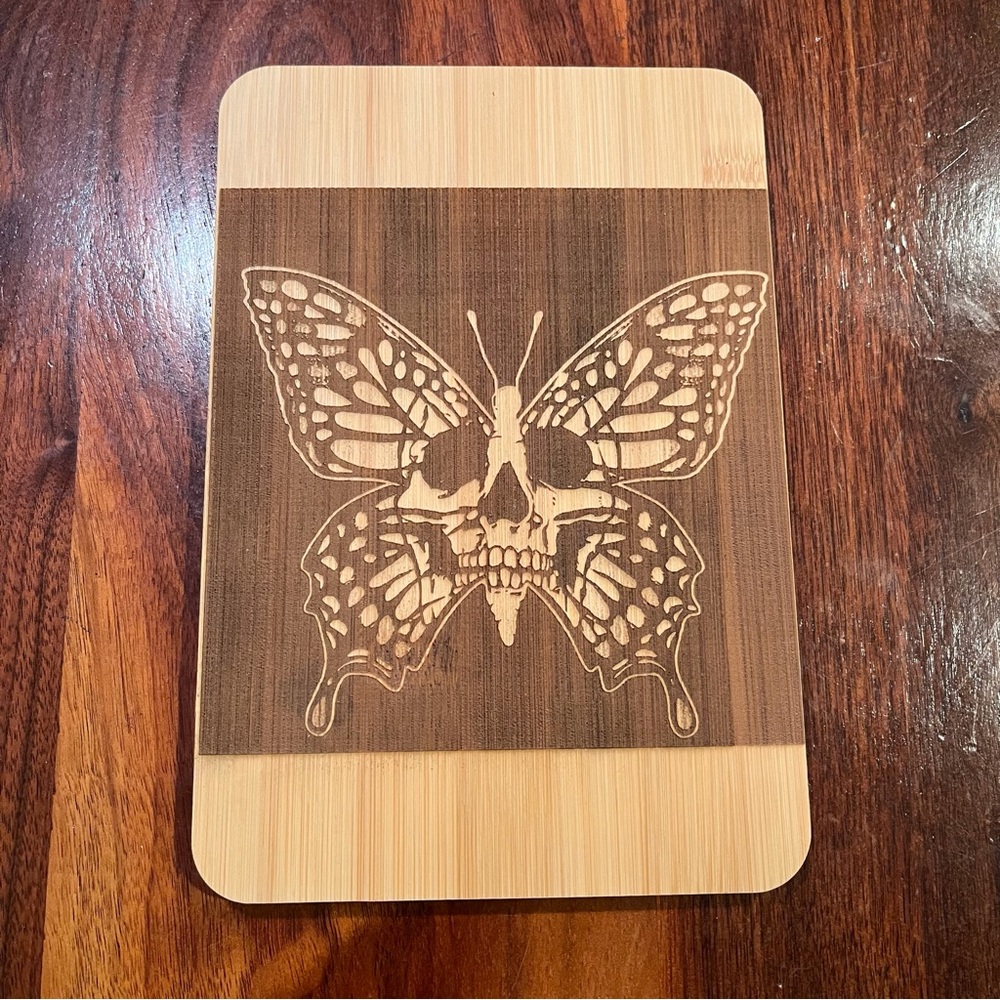 Handmade Laser Engraved Bamboo Cutting Serving Board Skull and Monarch